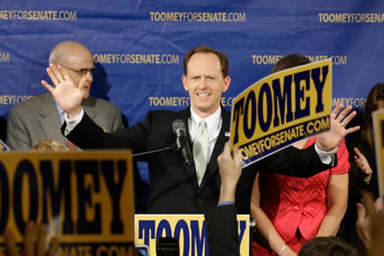 Republican Pat Toomey delivers his victory speech after defeating Democrat Joe Sestak in the U.S. Senate race for Pennsylvania. (Christopher Gardner / For the Inquirer)