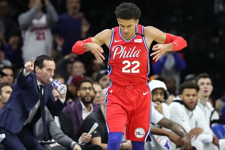 Sixers' Matisse Thybulle celebrates after a made three-pointer in the second quarter of a game against the Brooklyn Nets at the Wells Fargo Center in  on Wednesday.