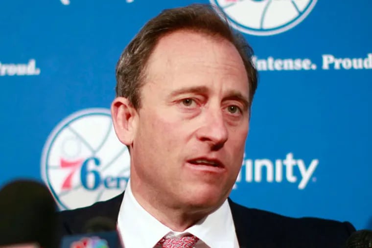 Sixers managing owner Josh Harris annouces that Doug Collins will not
be returning during a press conference at the Philadelphia College of
Osteopathic MedicineApril 18, 2013. (David Swanson/Staff Photographer)