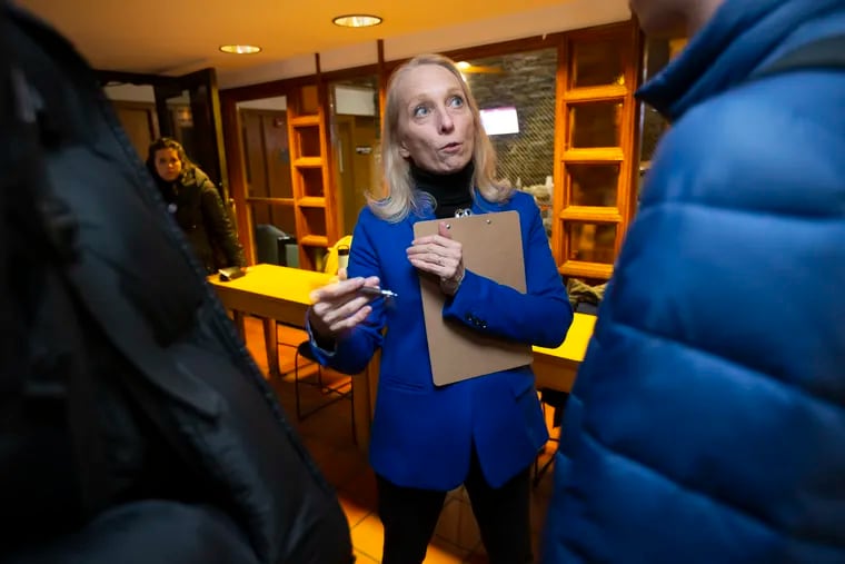 Rep. Mary Gay Scanlon (D., Pa.) collects election petition signatures at Swarthmore College Dining Hall on Jan. 31.