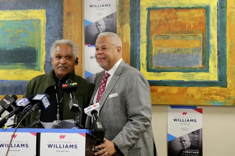Former mayor John Street (left) endorses mayoral candidate Sen. Anthony Hardy Williams at Venango House on Thursday.