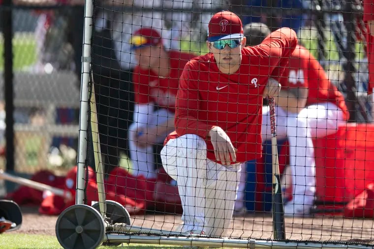 Phillies first baseman Rhys Hoskins waits for his time to hit during a spring training workout on Tuesday in Clearwater, Fla.