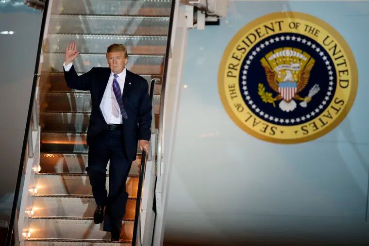 President Donald Trump disembarks from Air Force One after arriving at McCarran International Airport, Friday, April 5, 2019, in Las Vegas. Trump is scheduled to speak at the Republican Jewish Coalition National Leadership Meeting in Las Vegas Saturday.