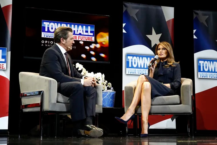 First lady Melania Trump speaks at a town hall on the opioid epidemic with moderator Eric Bolling in Las Vegas, Tuesday, March 5, 2019, during a two-day, three-state swing to promote her Be Best campaign.