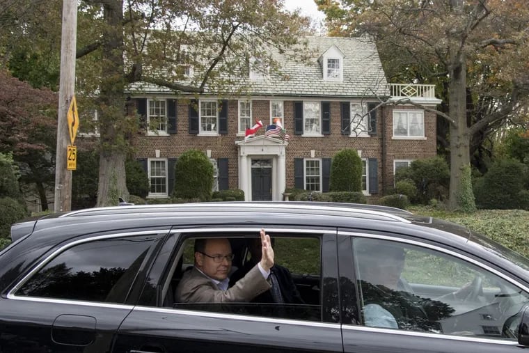 Prince Albert of Monaco, son of Princess Grace, waves as he leaves his mother's childhood home in the East Falls neighborhood of Philadelphia on Oct. 25, 2016. Prince Albert on Friday gave a tour of the recently refurbished home to Hoda Kotb, coanchor of NBC’s “Today” show