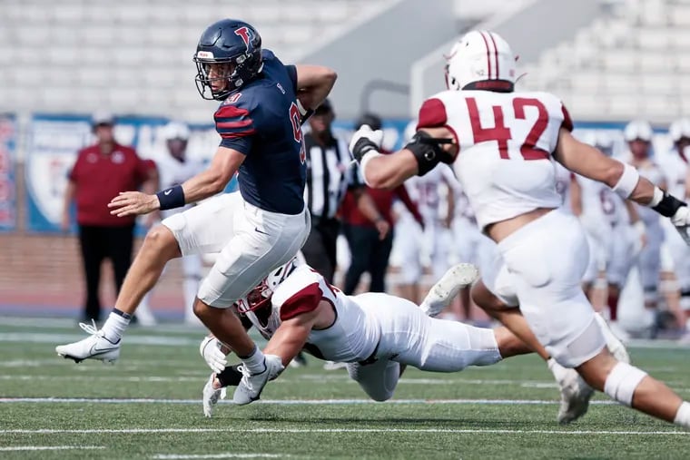 Penn quarterback Aidan Sayin, in action against Colgate on Sept. 17, threw for 204 yards and a touchdown on 25-of-38 passing.