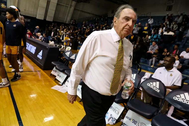 Fran Dunphy walks off the court after collecting the 600th win of his career following an 81-62 final against Coppin State on Sunday at Tom Gola Arena.