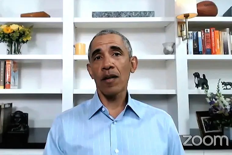 In this image from video, former President Barack Obama speaks Wednesday during a virtual town hall event.