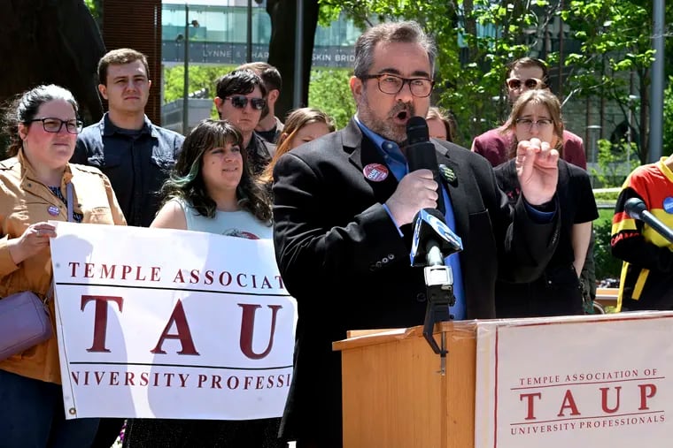 Jeffrey Doshna, president of the Temple Association of University Professionals, releases the results of the faculty union’s "no confidence" vote in provost Gregory N. Mandel and Board of Trustees chair Mitchell Morgan during a news conference on the campus Monday.