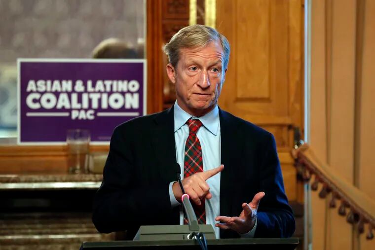 Billionaire investor and Democratic activist Tom Steyer speaks to the Iowa Latino and Asian Coalition, Wednesday, Jan. 9, 2019, at the Statehouse in Des Moines, Iowa. (AP Photo/Charlie Neibergall)