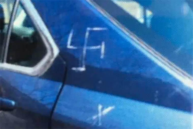 Warminster police say this swastika that was carved into a vehicle on the 600 block of East Street Road was one of six incident of vandalism in the town on Saturday.