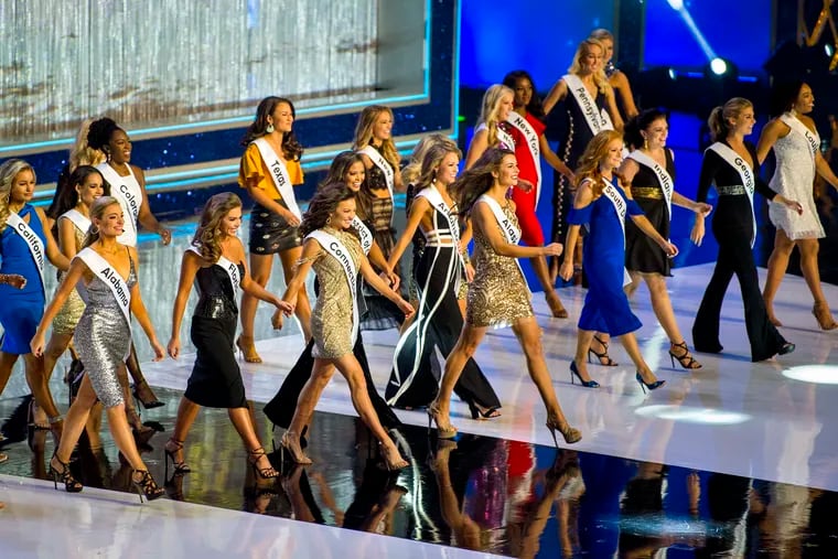 The 51 contestants are on stage at the opening of the Miss America 2019 competition at Boardwalk Hall in Atlantic City, September 9, 2018.