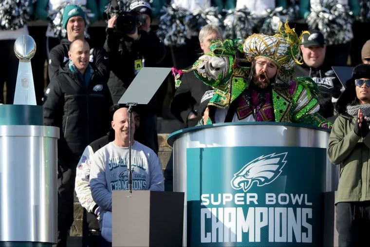 Eaglesâ€™ Jason Kelce yells during his speech at the Super Bowl Champions celebration at the Art Museum in Philadelphia on Feb. 8, 2018.