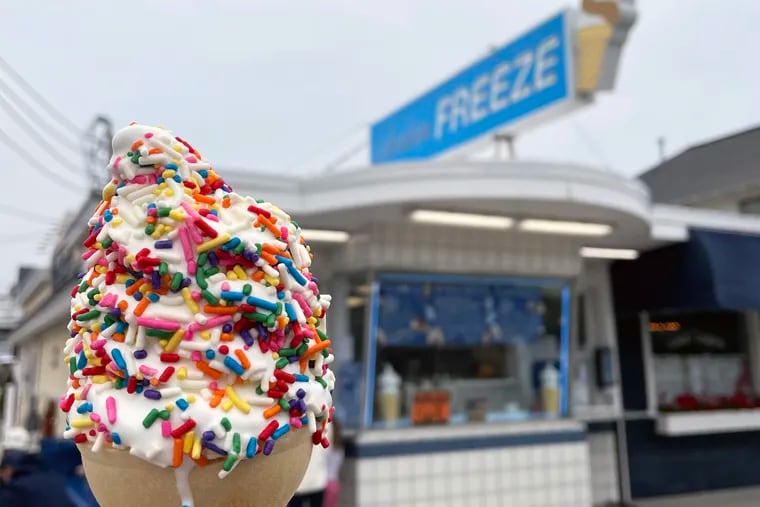 A soft serve ice cream with rainbow sprinkles at Avalon Freeze.