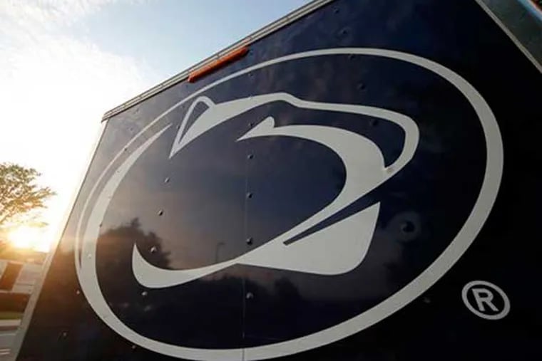 A Penn State University logo on the side of a merchandise trailer. (AP photo)