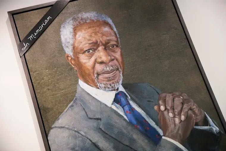 A black ribbon adorns the portrait of former United Nations Secretary-General Kofi Annan at U.N. headquarters, Saturday, Aug. 18, 2018. Annan, one of the world's most celebrated diplomats and a charismatic symbol of the United Nations who rose through its ranks to become the first black African secretary-general, has died. He was 80.