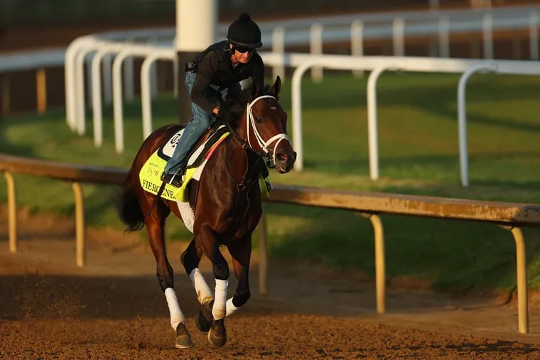 Fierceness trains on the track during morning workouts ahead of the 150th running of the Kentucky Derby at Churchill Downs on May 02, 2024 in Louisville, Kentucky.  (Photo by Michael Reaves/Getty Images)