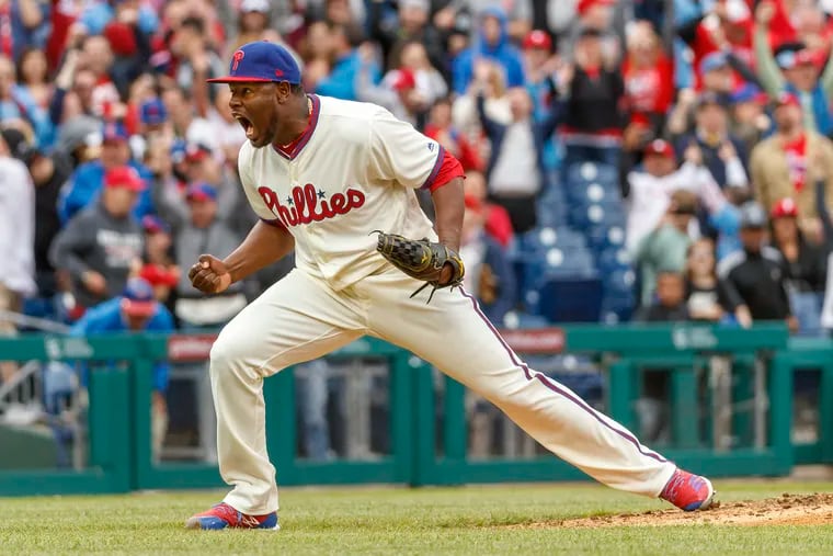 Phillies relief pitcher Hector Neris reacts to New York Mets Keon Broxtonâ€™s stikeout to end the game, with the bases loaded and the Phillies winning by just one run 3-2. The Philadelphia Phillies play the New York Mets on April 17, 2019 at Citizen Bank Park.