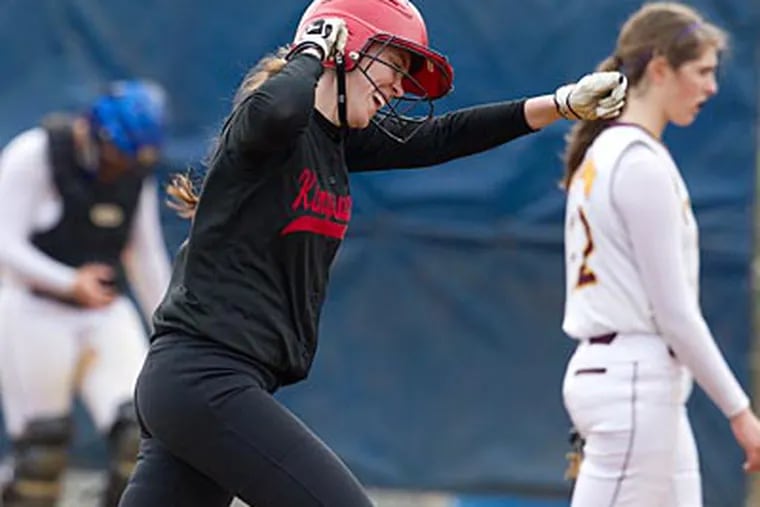 Kingsway defeats Gloucester Catholic 14-6 in girls high school
softball today at Gloucester City.IN THIS PHOTO Kingsway's Dominique
Ficara celebrates her 2 run homer as she rounds the bases in the top
of the 7th inning.(Ed Hille / Staff Photographer)