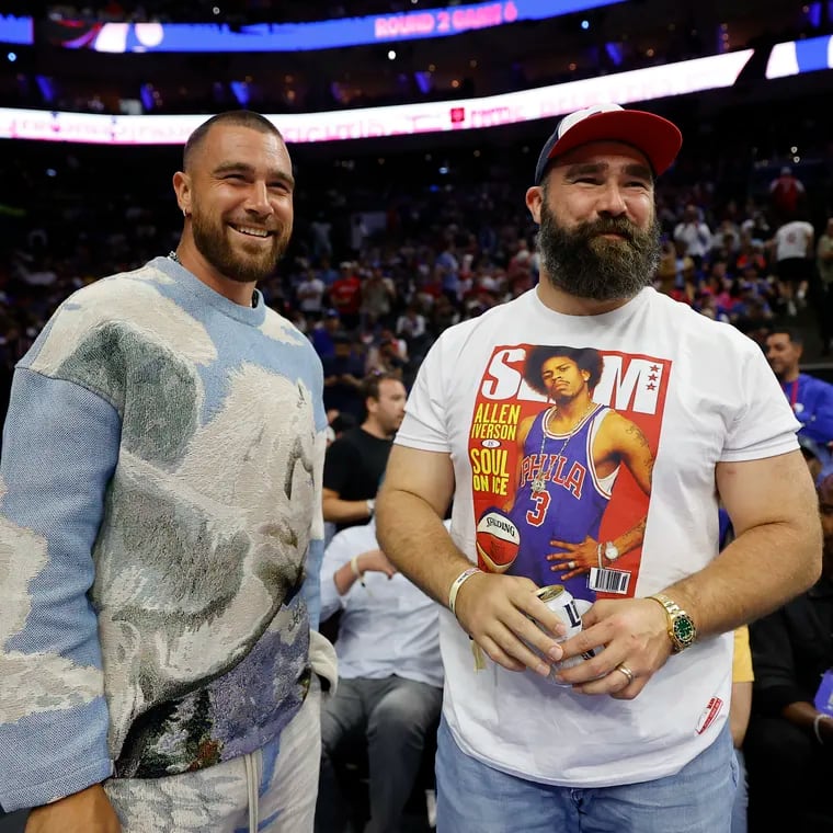 Eagles’ Jason Kelce, right, and his brother, Kansas City Chiefs tight end Travis Kelce, at Sixers Game 6 of the NBA basketball Eastern Conference semifinals playoff series at the Wells Fargo Center, Thursday, May. 11, 2023, in Philadelphia.