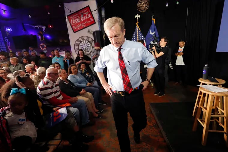 Democratic presidential candidate Tom Steyer speaks at a campaign event in Myrtle Beach, S.C., Wednesday, Feb. 26, 2020.