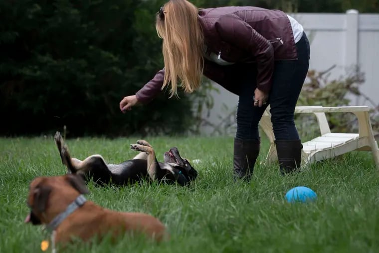 Hollie Rothrock plays with her dogs Rosco and Stella at her home in Yardley.