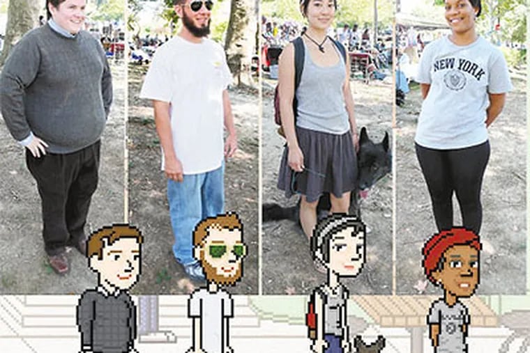 Philadelphians and their pixelated likenesses, created by Keith McKnight for Hipster City Cycle, from left: Matt Knight, Matthew Downing, Mariko Terasaki, Vertice Robinson. (Photo by Michael Highland)