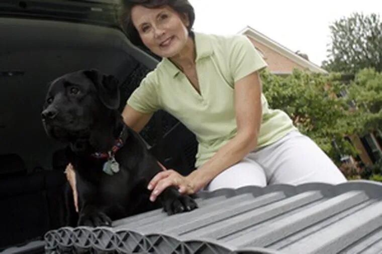 Piper climbs easily into or out of an SUV with Cathy Trauernicht&#0039;s Ramp4Paws.