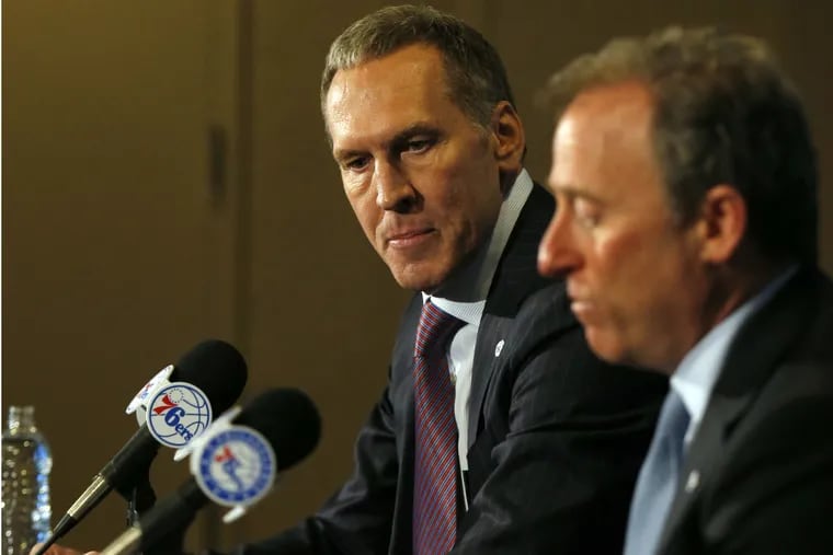 Bryan Colangelo (left) is introduced as the Sixers new president of basketball operations by team owner Josh Harris.