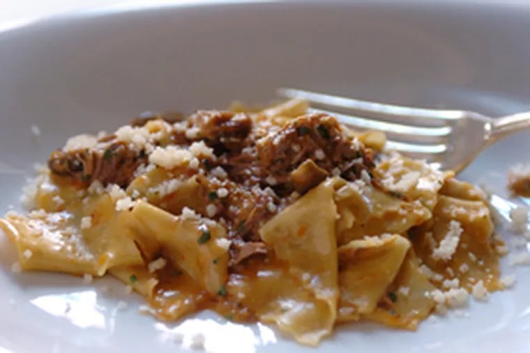 The chef&#0039;s delicate fazzoletti pasta and hearty duck ragu. He trained in rustic cookery in Bergamo, Italy.