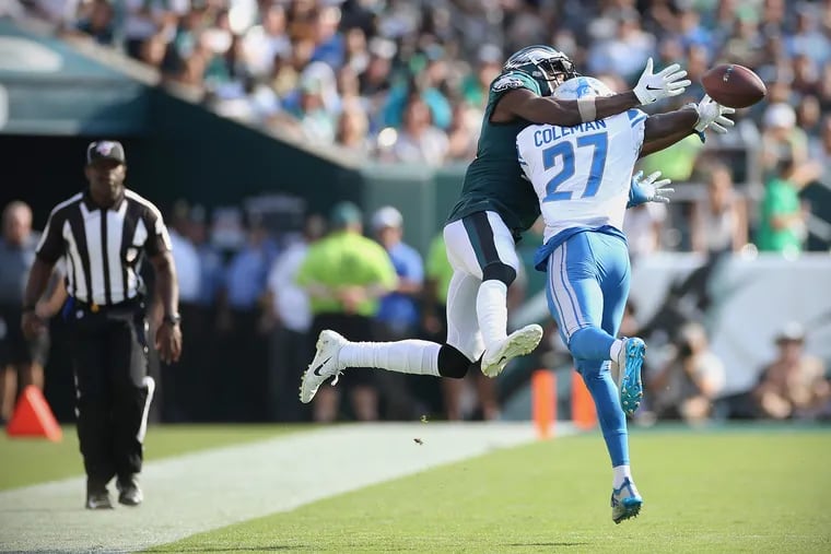 Detroit Lions cornerback Justin Coleman (27) breaks up a pass intended for Eagles wide receiver Nelson Agholor (13) in the fourth quarter of a game at Lincoln Financial Field in South Philadelphia on Sunday, Sept. 22, 2019. The Eagles lost 27-24.