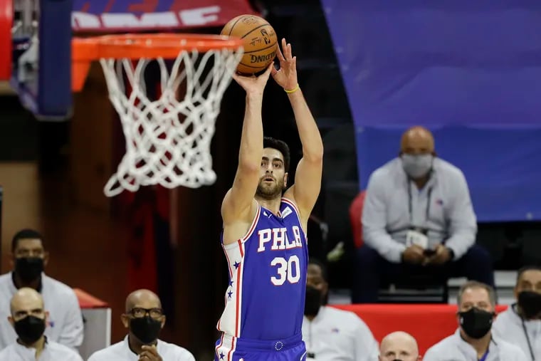 Sixers guard Furkan Korkmaz shooting against the Indiana Pacers on Monday.
