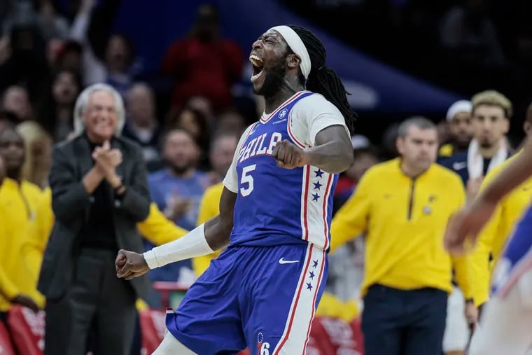 Sixers big man Montrezl Harrell celebrates his basket against the Pacers during overtime at the Wells Fargo Center on Wednesday, Jan. 4.