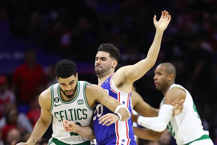 Sixers forward Georges Niang defends Boston Celtics forward Jayson Tatum during Game 6 of the Eastern Conference semifinal playoffs on Thursday, May 11, 2023 in Philadelphia.