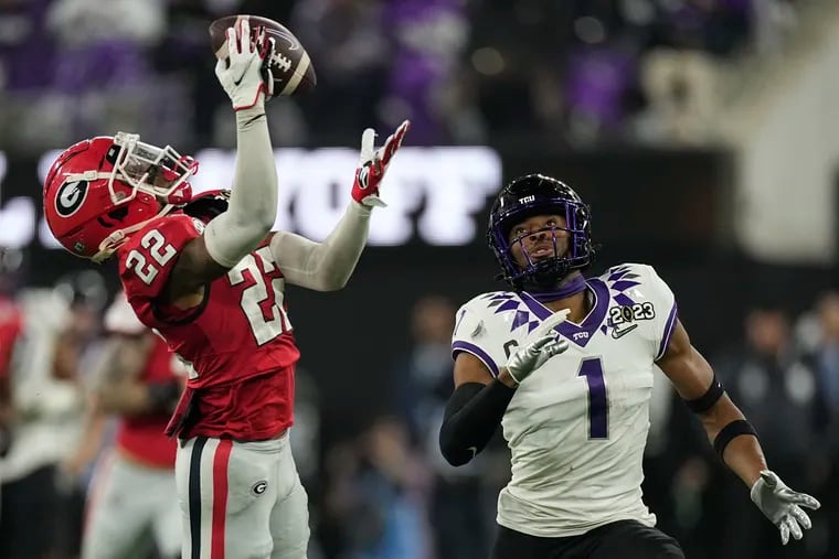 Georgia defensive back Javon Bullard (22) intercepts a ball intended for TCU wide receiver Quentin Johnston (1) during the first half of last year's national championship game. Could Bullard be a draft target for the Eagles?