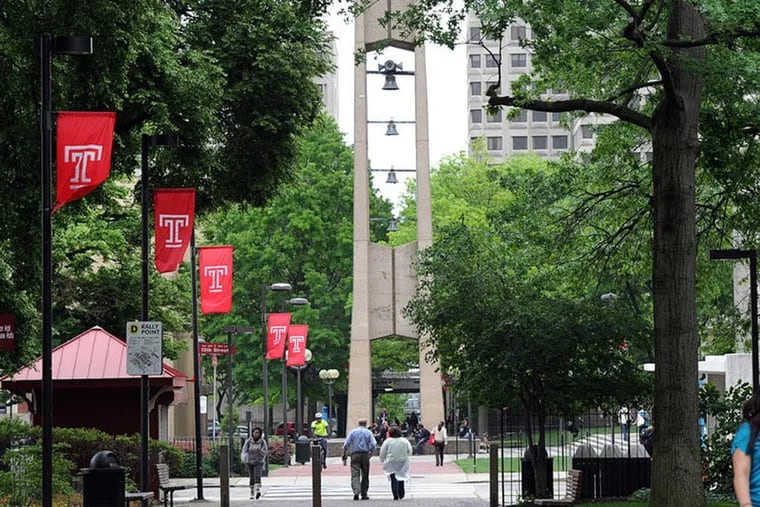 A campus view of Temple University with the well-known bell tower in the background.