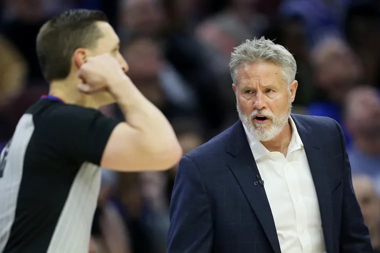 Sixers head coach Brett Brown glares at an official during a game against the Oklahoma City Thunder at the Wells Fargo Center in South Philadelphia on Saturday, Jan. 19, 2019. The Sixers lost 117-115.