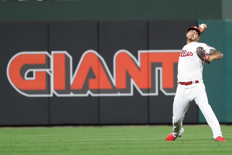 Vince Velasquez, normally a pitcher, of the Phillies unleashed a strong peg from left field to throw out Jose Abreu of the White Sox in the 14th inning Friday.