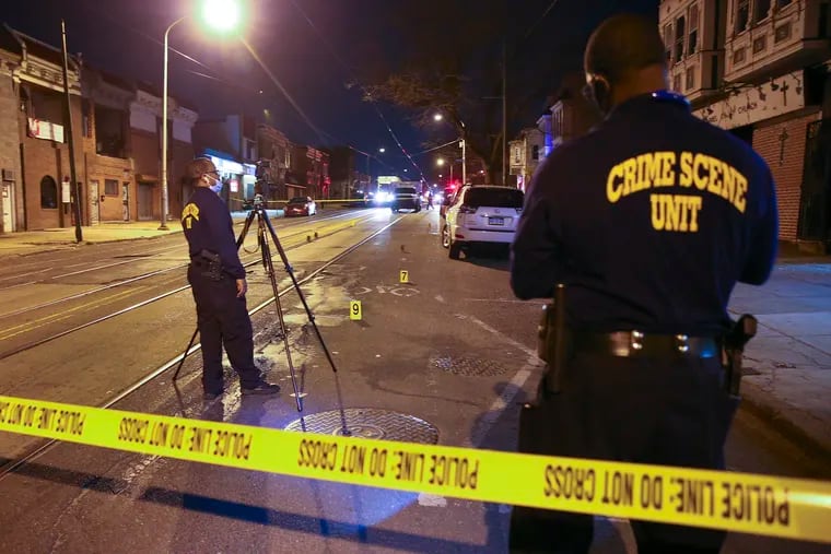 Crime scene gathers evidence where three 15-year-olds were shot one fatally in the areas of the 5500 block of Christian and here 5500 block of Baltimore avenue in the 18th police district. Thursday, March 11, 2021