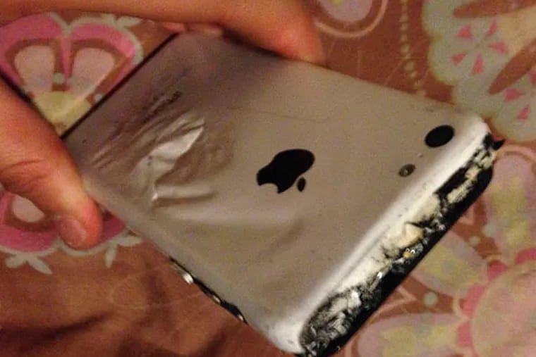When an iPhone (above) caught fire as Alexis Rolon, 12, walked to school, it left a hole in her back pocket and second-degree burns. Her family says they're done with Apple. PHOTO: ROSELLY ROLON