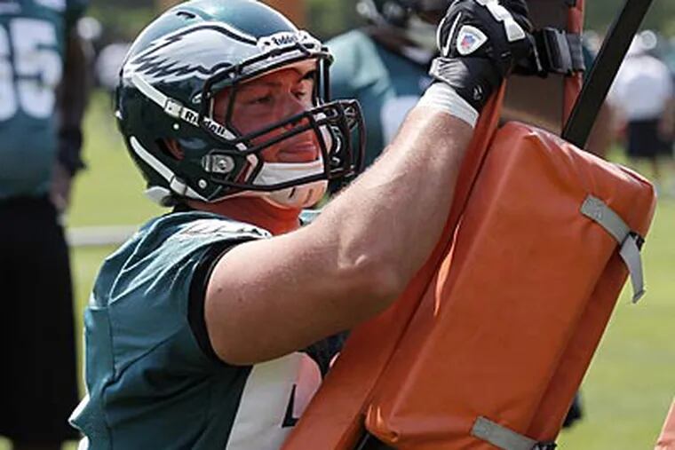 Philadelphia Eagles guard Danny Watkins works during an NFL football practice at their training facility Thursday, May 24, 2012 in Philadelphia. (AP Photo/Alex Brandon)