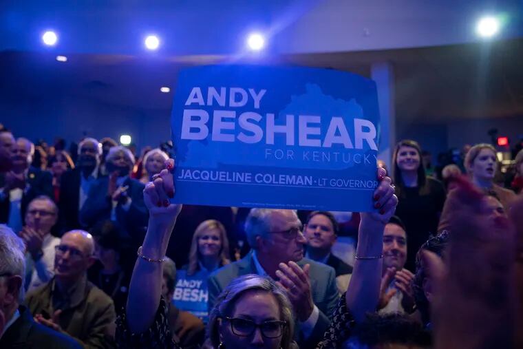 Supporters cheer as Kentucky Attorney General and democratic Gubernatorial Candidate Andy Beshear delivers a speech at the Kentucky Democratic Party election night watch party, Tuesday, Nov. 5, 2019, in Louisville, Ky.