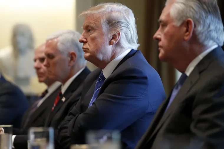 President Donald Trump, second from right, with Secretary of State Rex Tillerson, right, and Vice President Mike Pence, and others listens during a meeting with Malaysian Prime Minister Najib Razak in the Cabinet Room of the White House earlier of this week. Trump has fewer female Cabinet members than any president in decades.