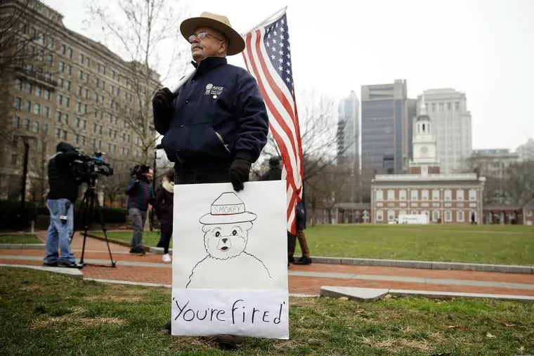 David Fitzpatrick an employee of the the National Park Service demonstrated against the partial government shutdown in view of Independence Hall in Philadelphia last week.