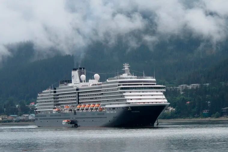 FILE- In this Aug. 29, 2011 file photo, the Holland America Westerdam, is shown in Juneau, Alaska. A federal judge in Miami threatened on Wednesday, April 10, 2019, to temporarily block Carnival Corp. from docking cruise ships at ports in the United States as punishment for a possible probation violation. (AP Photo/Becky Bohrer, File)
