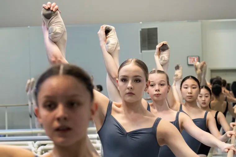 Alina Soloviova, age 18 from Kyiv (second from left), and Lena Sarazhynska, 16, from Odessa (third from left), left the war and their homes in Ukraine to continue their ballet education at the Rock School for Dance Education in Philadelphia.