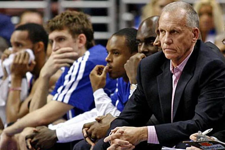 The Philadelphia 76ers bench watches as they play against the Detroit
Pistons in the second half of an NBA basketball game Wednesday Nov.
14, 2012 in Philadelphia. The Pistons won 94-76. (AP Photo/ H. Rumph
Jr)