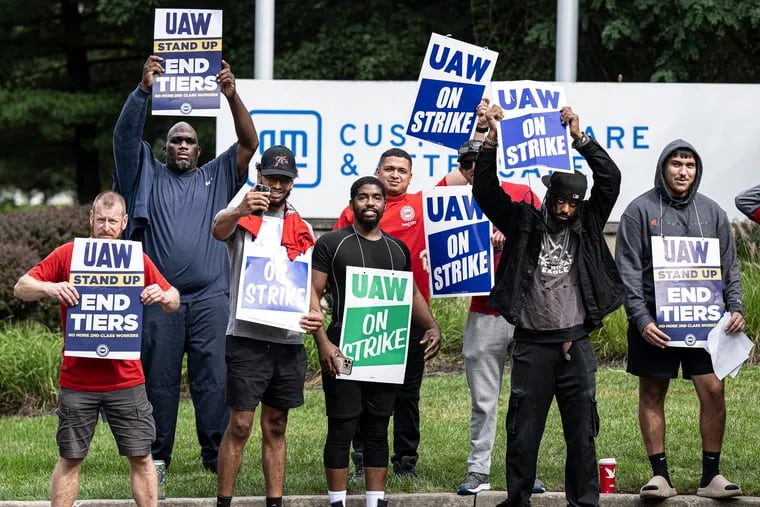 United Auto Workers members at the General Motors facility in Langhorne, Bucks County, on the picket line, one of 38 GM and Stellantis locations across 20 states that UAW added to the strike on Friday. 