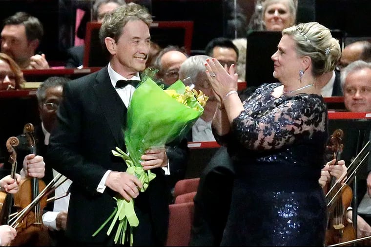 160th Anniversary Concert and Ball co-chair Georgiana W. Noll (right) applauds Martin Short after the concert at the Academy of Music in Philadelphia on January 28, 2017.