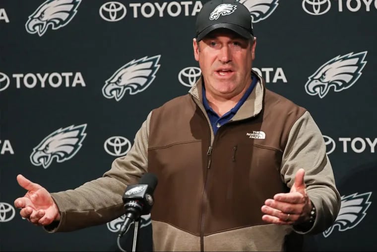 Eagles head coach Doug Pederson speaks with the media the day after winning the NFC Championship, January 22, 2018. MICHAEL BRYANT/ Staff Photographer